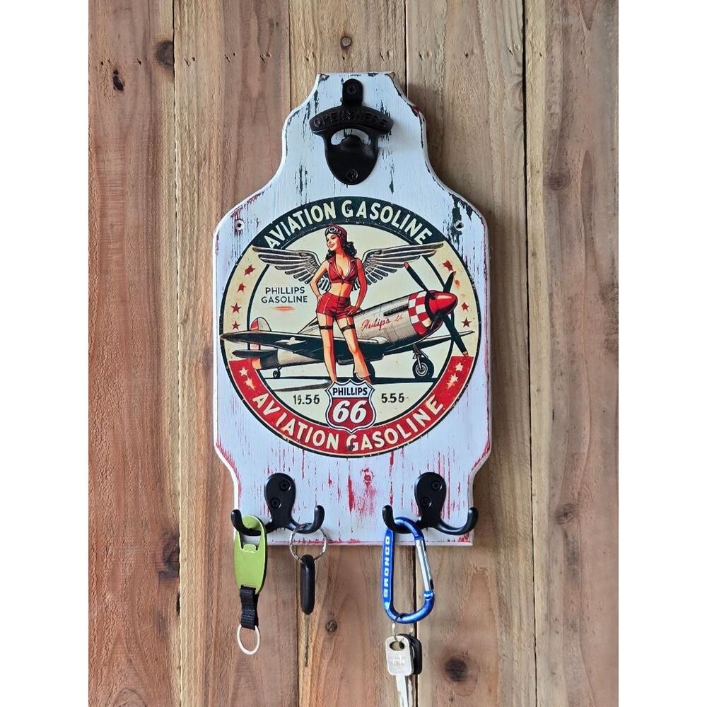 Phillips 66 Gas Wall Mount Plaque, Vintage Look, Bottle Opener, Double Hooks
